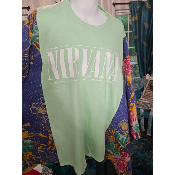 Nirvana Tops - Nirvana Graphic T-Shirt upcycled with Kantha quilted Arms,, Size up to 2xl